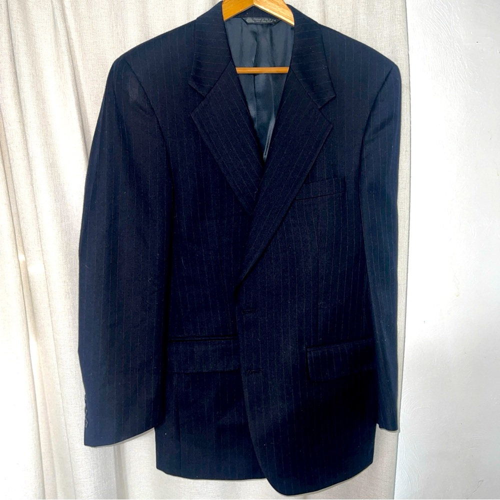 Vtg Christian Dior Monsieur Suit Jacket 42RPants 35x28.5 Navy Blue Wool Pinstrip